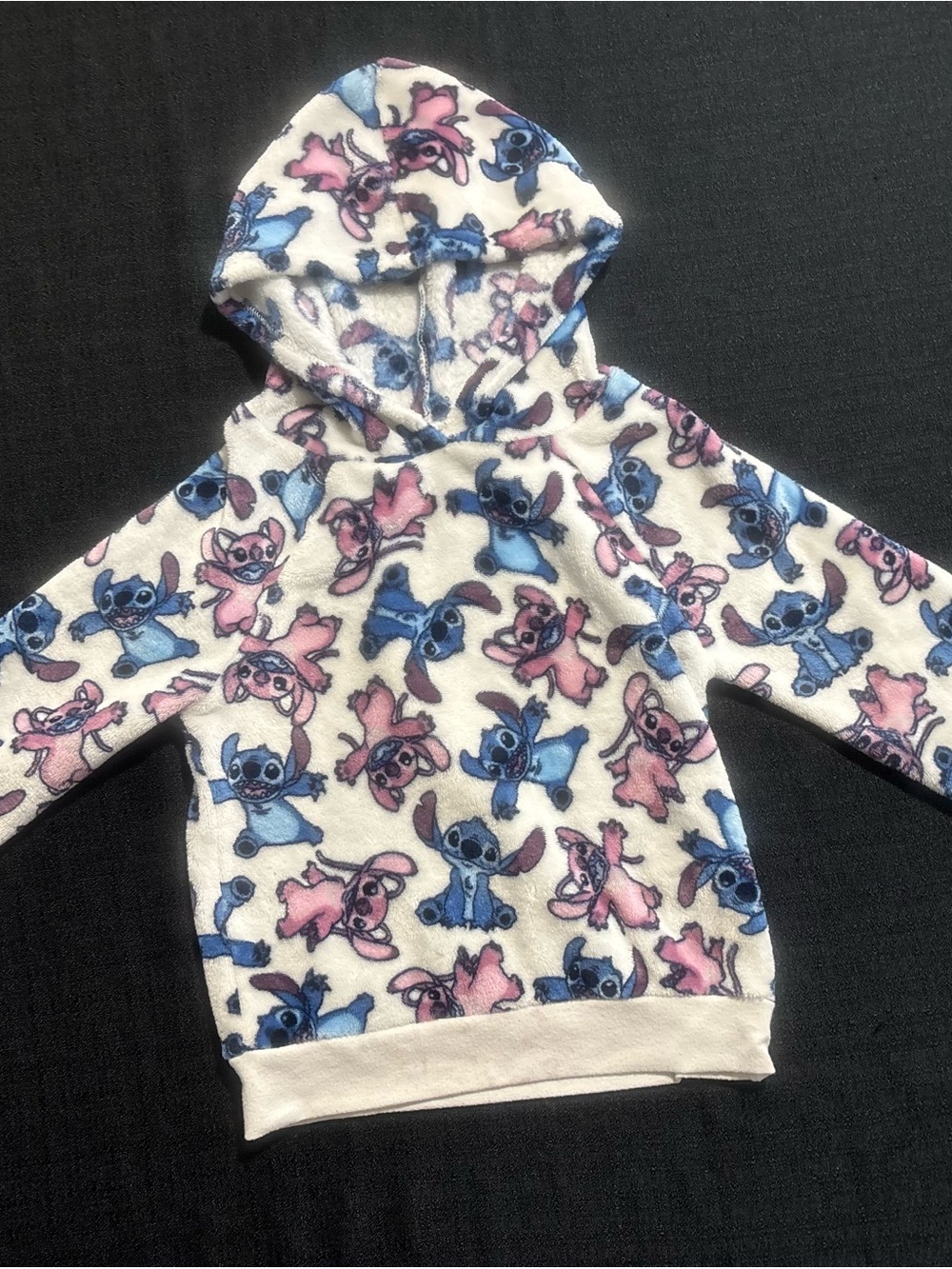 Disney Kids Plush Hoodie in White with Blue & Pink Stitch Print
